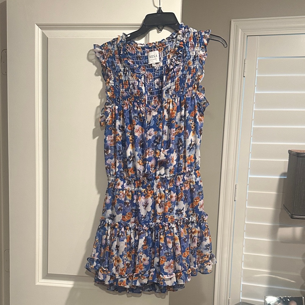 Misa Los Angeles Blue Floral Smocked Mini Dress